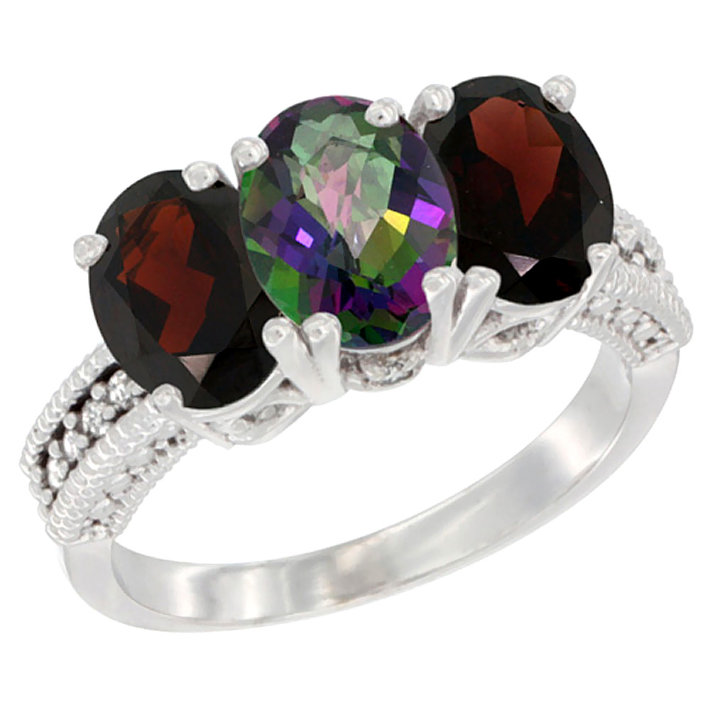 10K White Gold Natural Mystic Topaz &amp; Garnet Sides Ring 3-Stone Oval 7x5 mm Diamond Accent, sizes 5 - 10