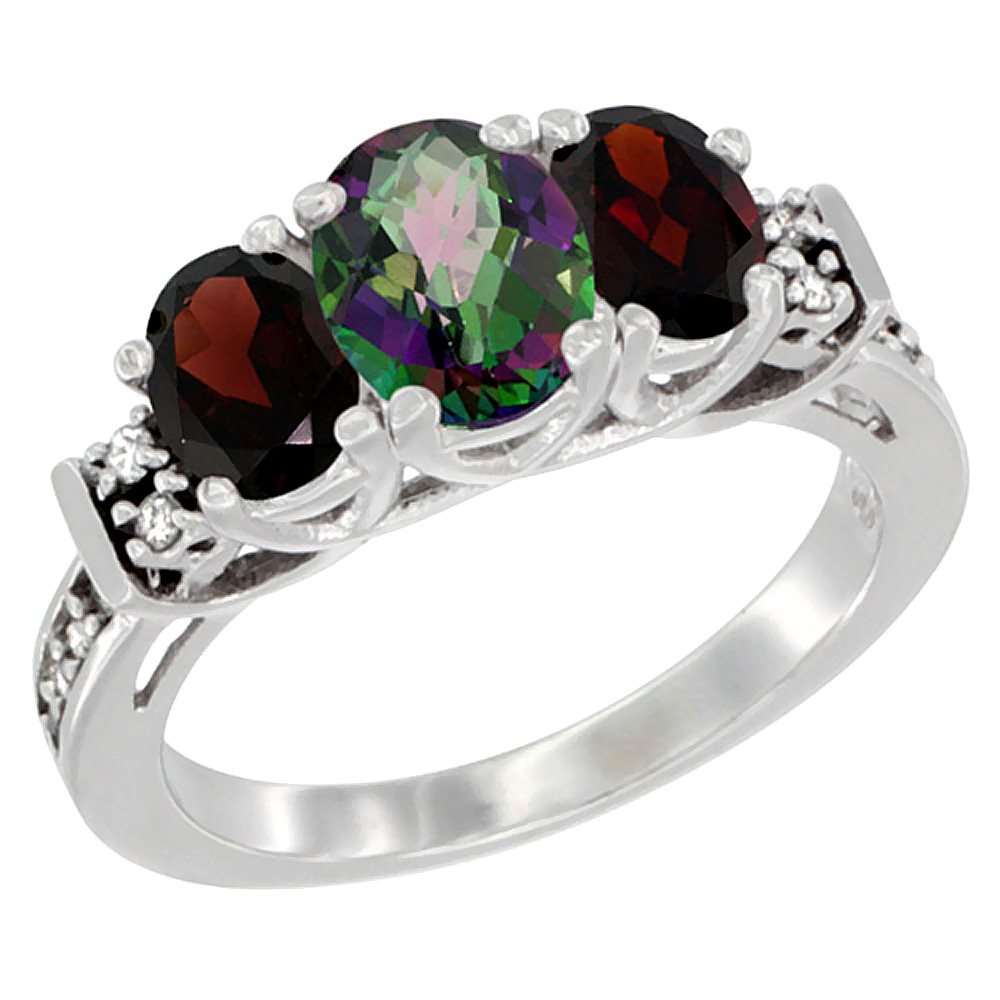 10K White Gold Natural Mystic Topaz &amp; Garnet Ring 3-Stone Oval Diamond Accent, sizes 5-10