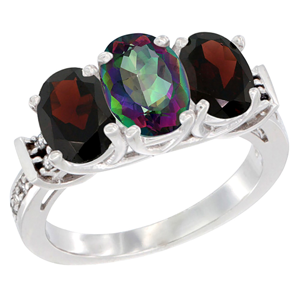 10K White Gold Natural Mystic Topaz & Garnet Sides Ring 3-Stone Oval Diamond Accent, sizes 5 - 10