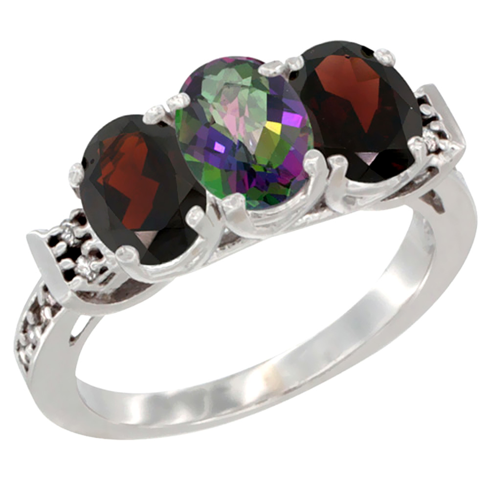 10K White Gold Natural Mystic Topaz & Garnet Sides Ring 3-Stone Oval 7x5 mm Diamond Accent, sizes 5 - 10