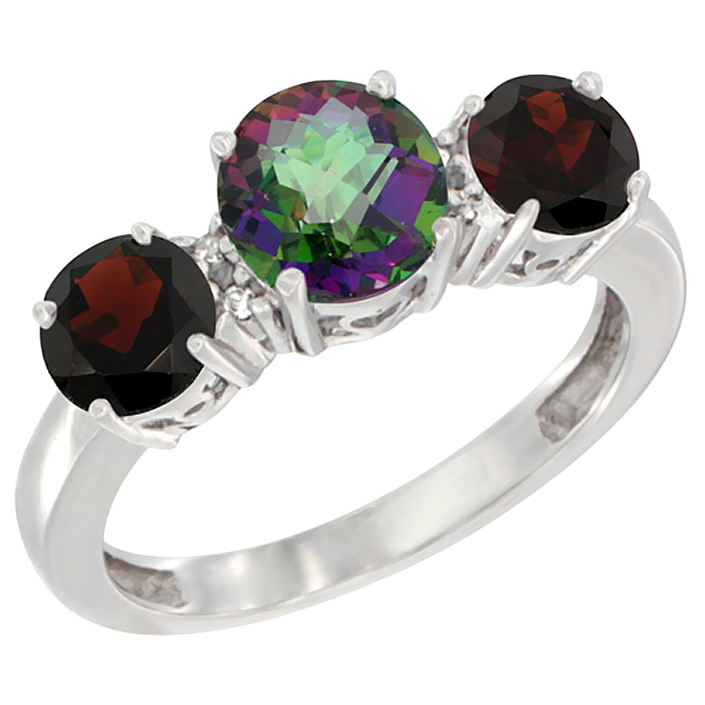 10K White Gold Round 3-Stone Natural Mystic Topaz Ring & Garnet Sides Diamond Accent, sizes 5 - 10