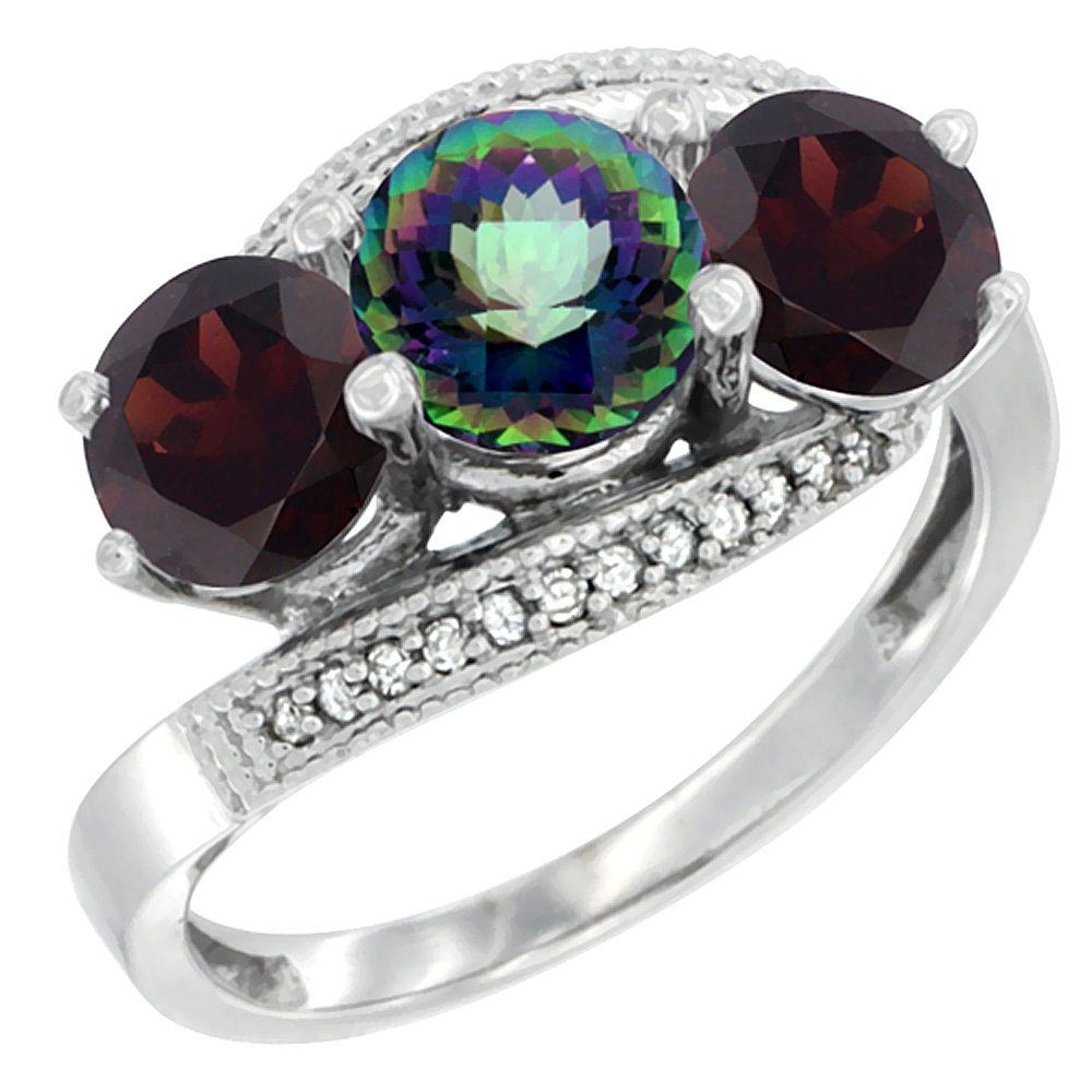 10K White Gold Natural Mystic Topaz &amp; Garnet Sides 3 stone Ring Round 6mm Diamond Accent, sizes 5 - 10