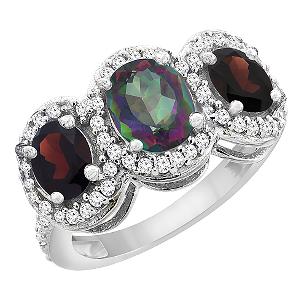 10K White Gold Natural Mystic Topaz & Garnet 3-Stone Ring Oval Diamond Accent, sizes 5 - 10