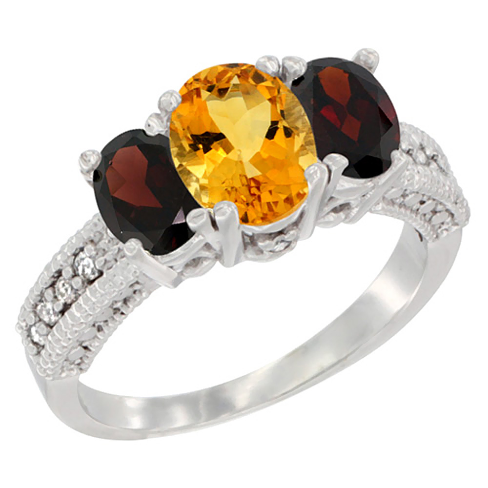 14K White Gold Diamond Natural Citrine Ring Oval 3-stone with Garnet, sizes 5 - 10