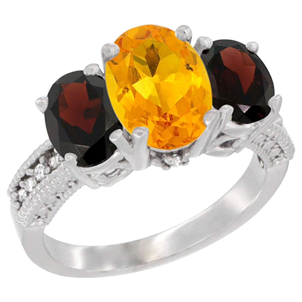 14K White Gold Diamond Natural Citrine Ring 3-Stone Oval 8x6mm with Garnet, sizes5-10