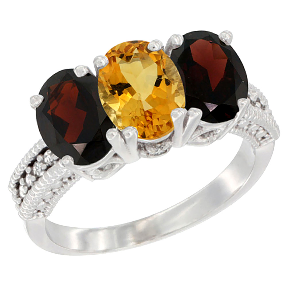 10K White Gold Natural Citrine & Garnet Sides Ring 3-Stone Oval 7x5 mm Diamond Accent, sizes 5 - 10