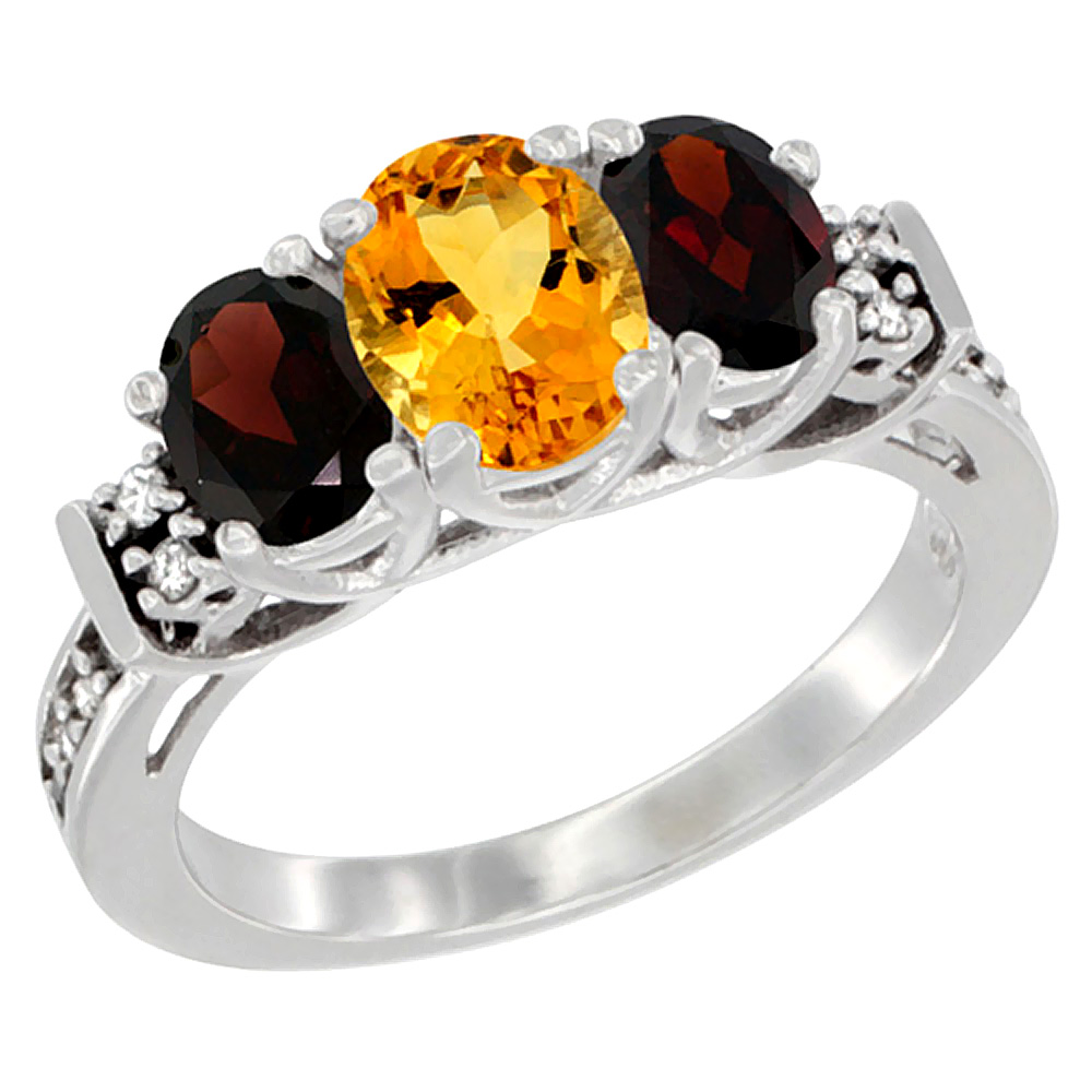 14K White Gold Natural Citrine & Garnet Ring 3-Stone Oval Diamond Accent, sizes 5-10