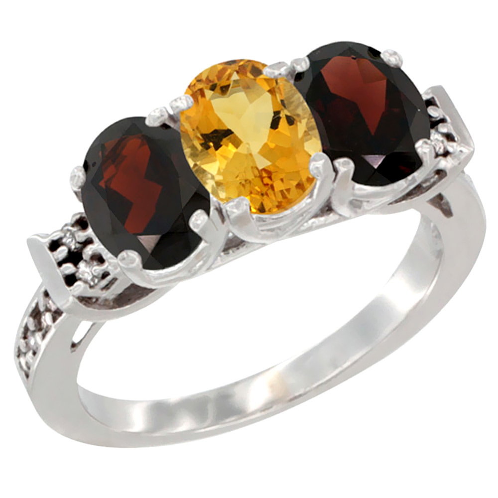 10K White Gold Natural Citrine & Garnet Sides Ring 3-Stone Oval 7x5 mm Diamond Accent, sizes 5 - 10