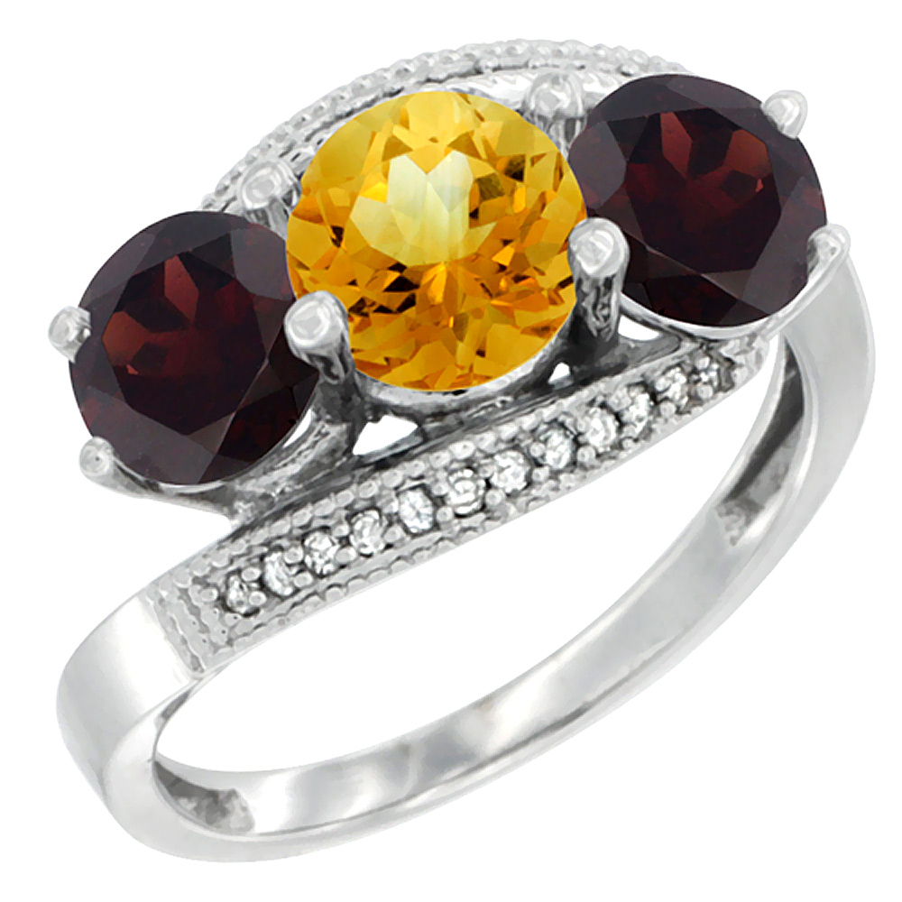 14K White Gold Natural Citrine & Garnet Sides 3 stone Ring Round 6mm Diamond Accent, sizes 5 - 10