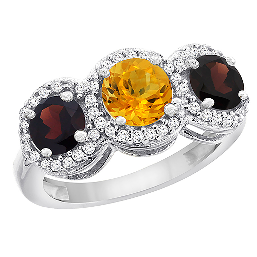 10K White Gold Natural Citrine & Garnet Sides Round 3-stone Ring Diamond Accents, sizes 5 - 10