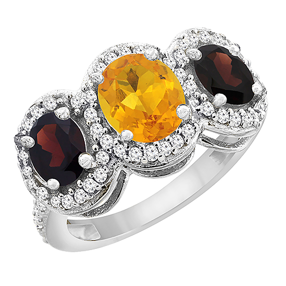 14K White Gold Natural Citrine & Garnet 3-Stone Ring Oval Diamond Accent, sizes 5 - 10