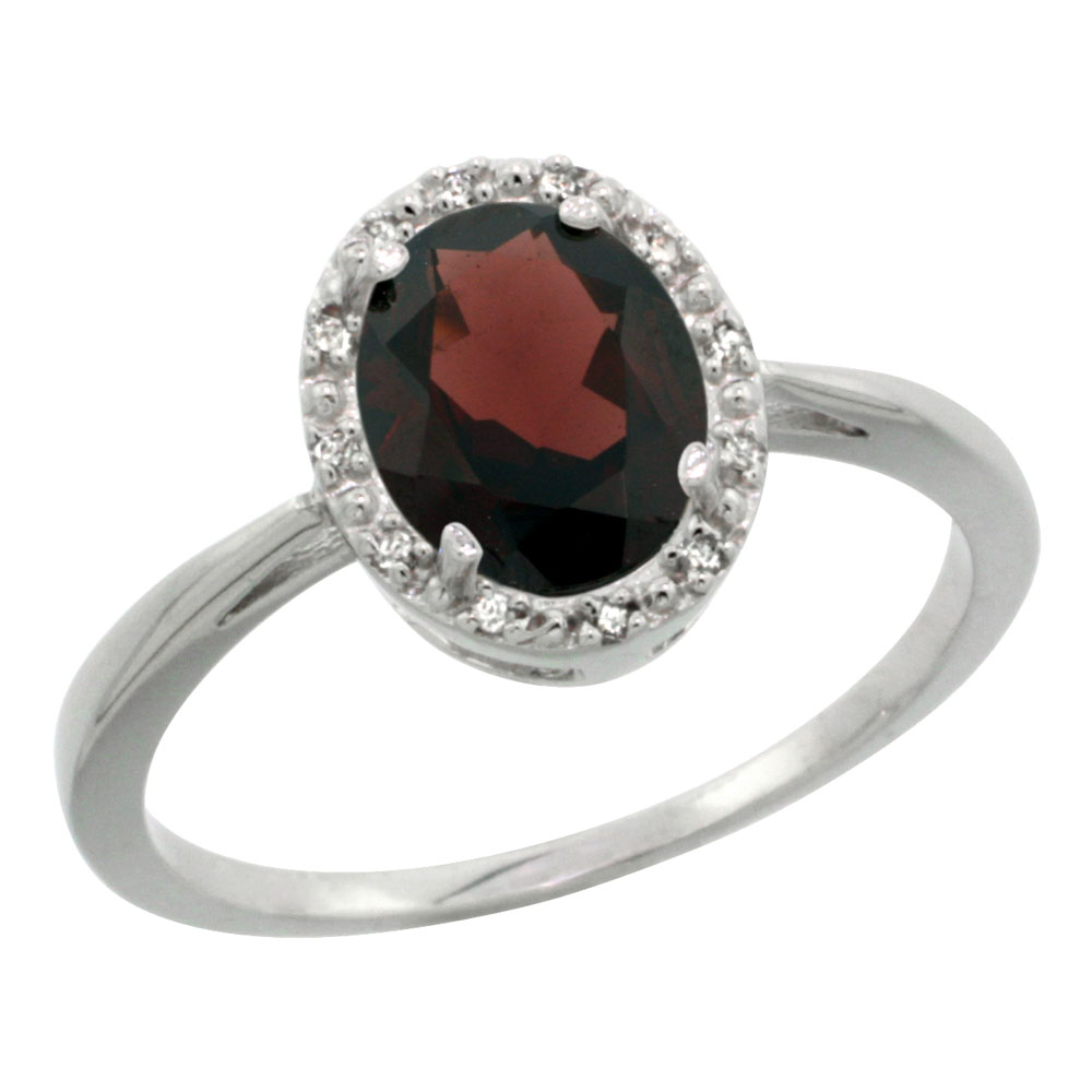 10K White Gold Natural Garnet Diamond Halo Ring Oval 8X6mm, sizes 5-10