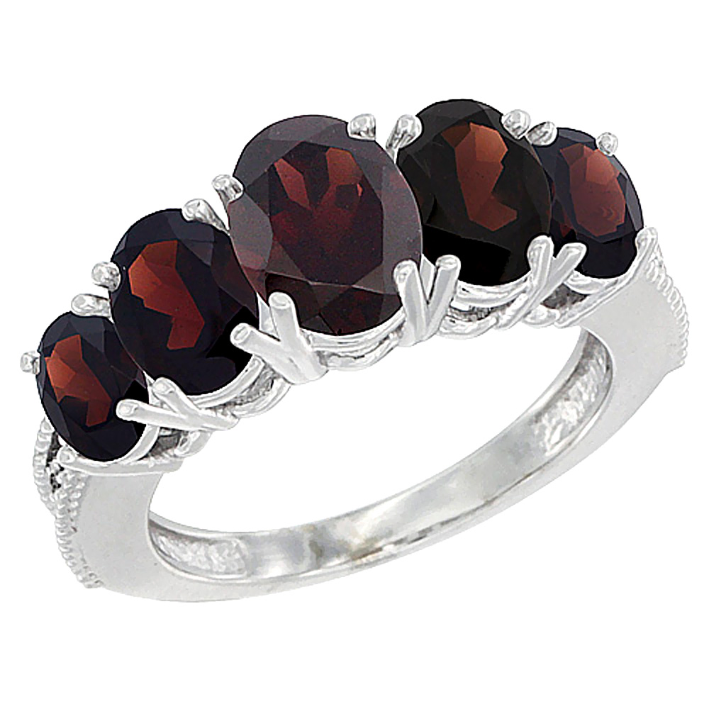 10K White Gold Diamond Natural Garnet Ring 5-stone Oval 8x6 Ctr,7x5,6x4 sides, sizes 5 - 10