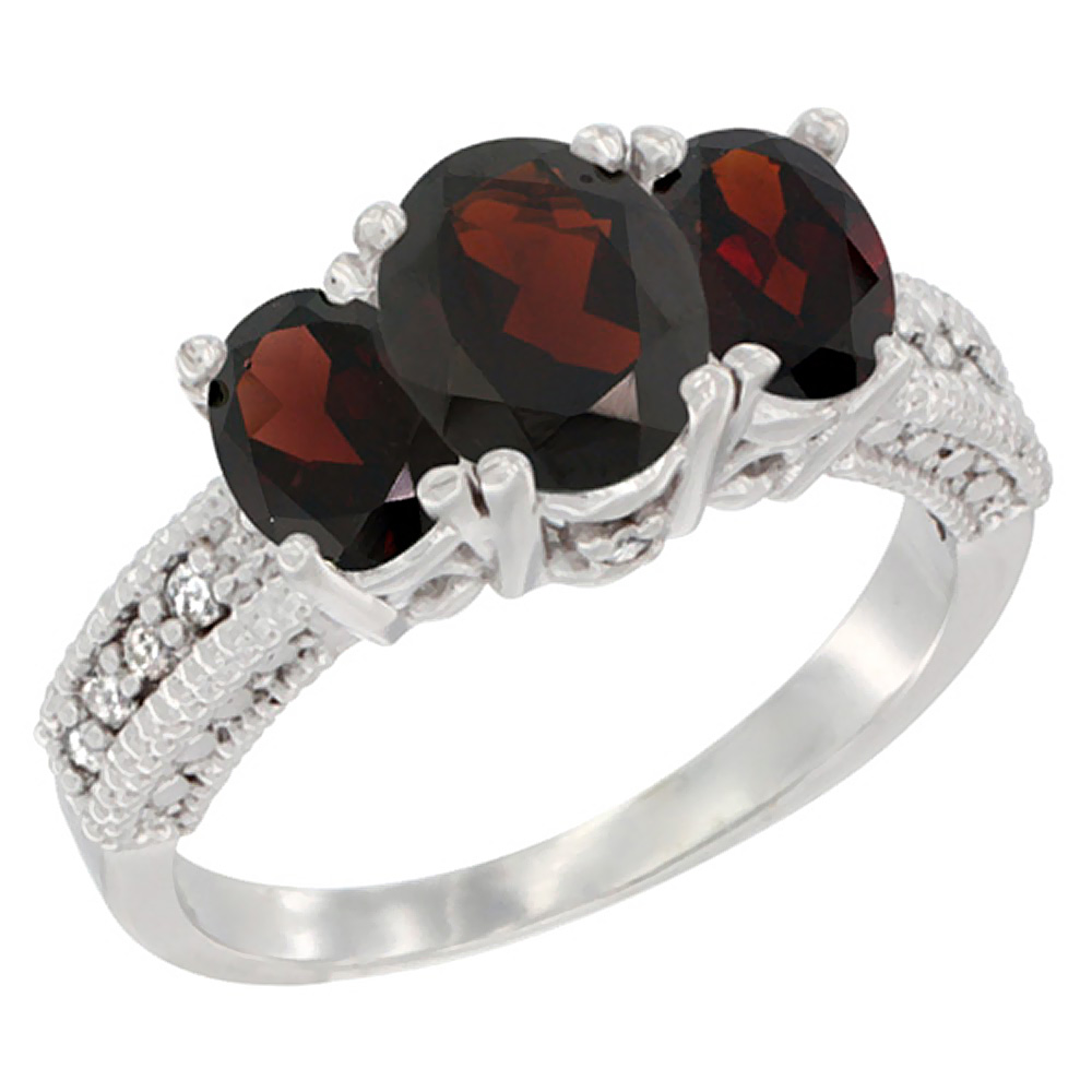 14K White Gold Diamond Natural Garnet Ring Oval 3-stone, sizes 5 - 10