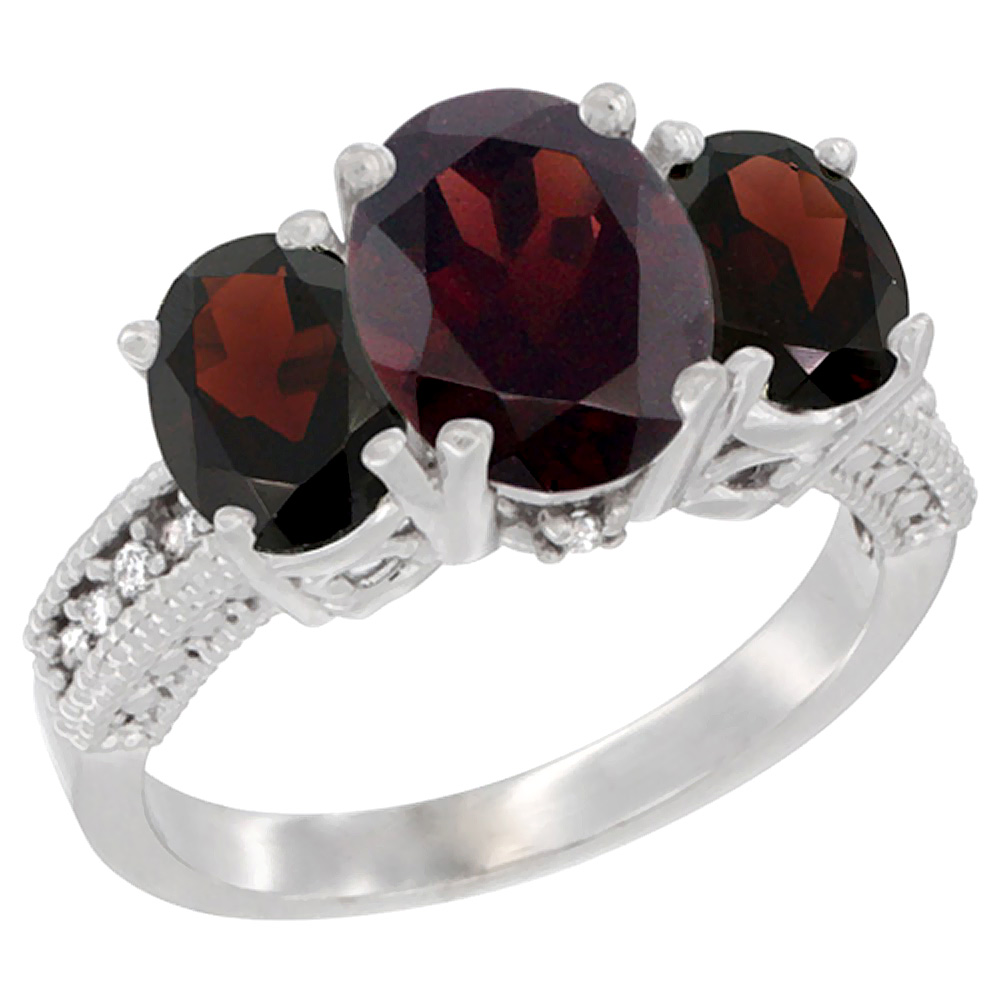 10K White Gold Diamond Natural Garnet Ring 3-Stone Oval 8x6mm, sizes5-10