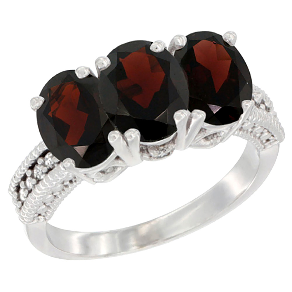 14K White Gold Natural Garnet Ring 3-Stone 7x5 mm Oval Diamond Accent, sizes 5 - 10