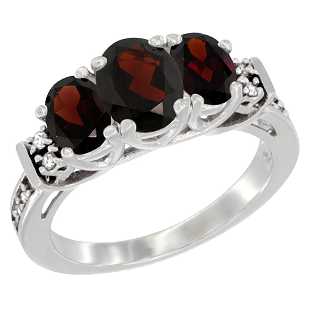 14K White Gold Natural Garnet Ring 3-Stone Oval Diamond Accent, sizes 5-10