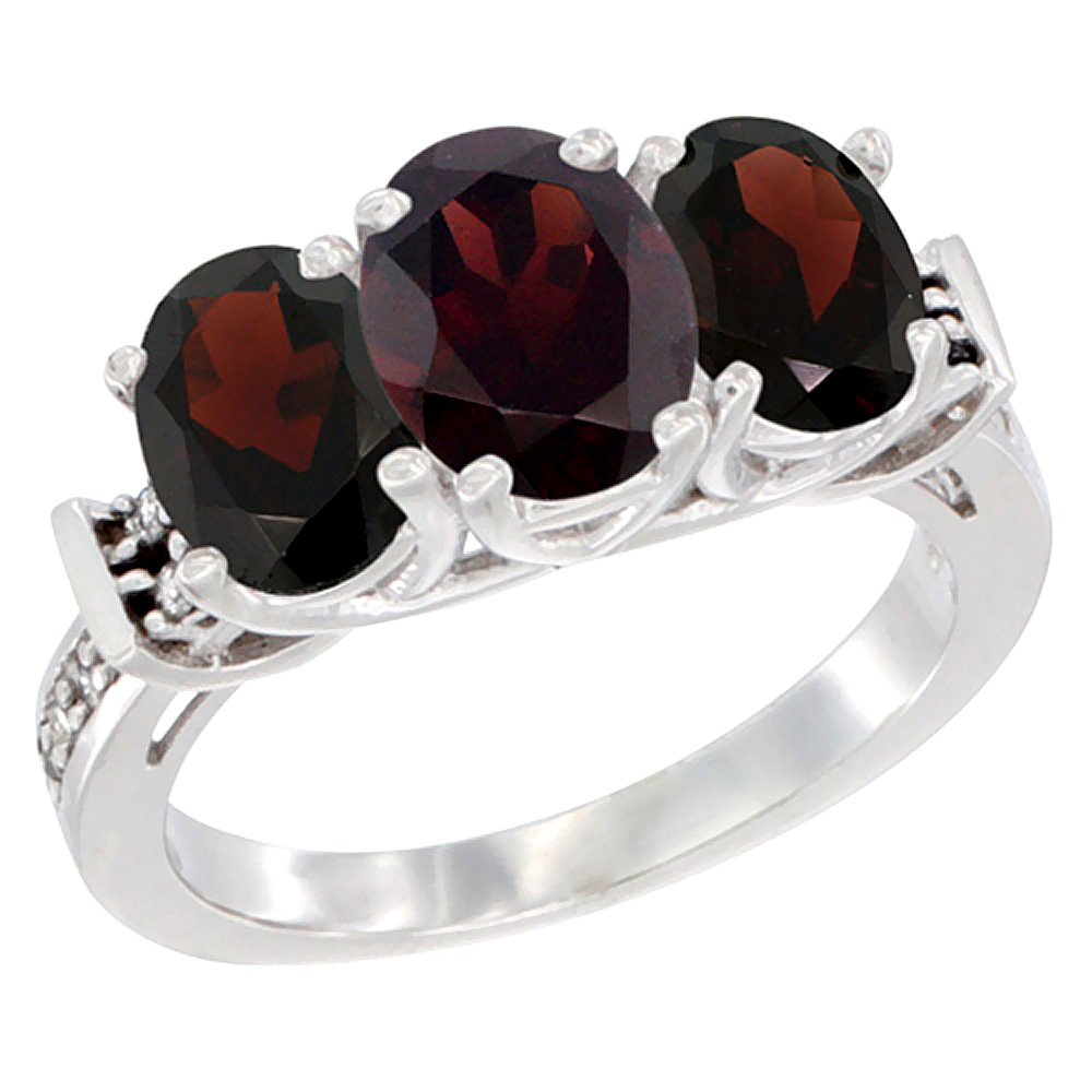 14K White Gold Natural Garnet Ring 3-Stone Oval Diamond Accent, sizes 5 - 10