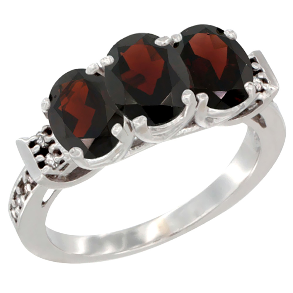 14K White Gold Natural Garnet Ring 3-Stone 7x5 mm Oval Diamond Accent, sizes 5 - 10