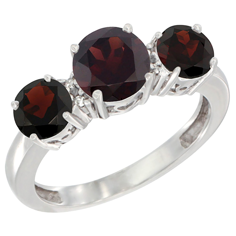 14K White Gold Round 3-Stone Natural Garnet Ring Diamond Accent, sizes 5 - 10