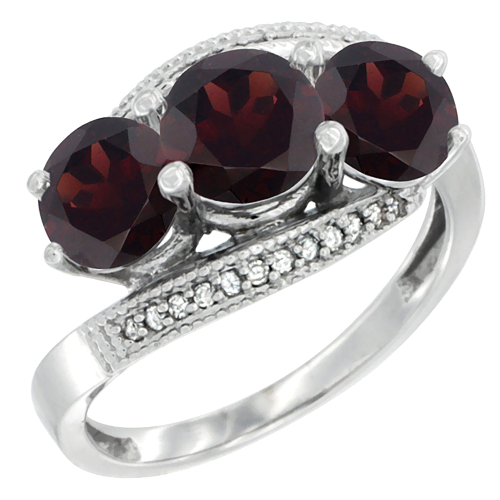 14K White Gold Natural Garnet 3 stone Ring Round 6mm Diamond Accent, sizes 5 - 10