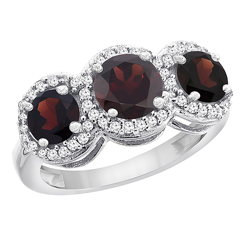 14K White Gold Natural Garnet Round 3-stone Ring Diamond Accents, sizes 5 - 10