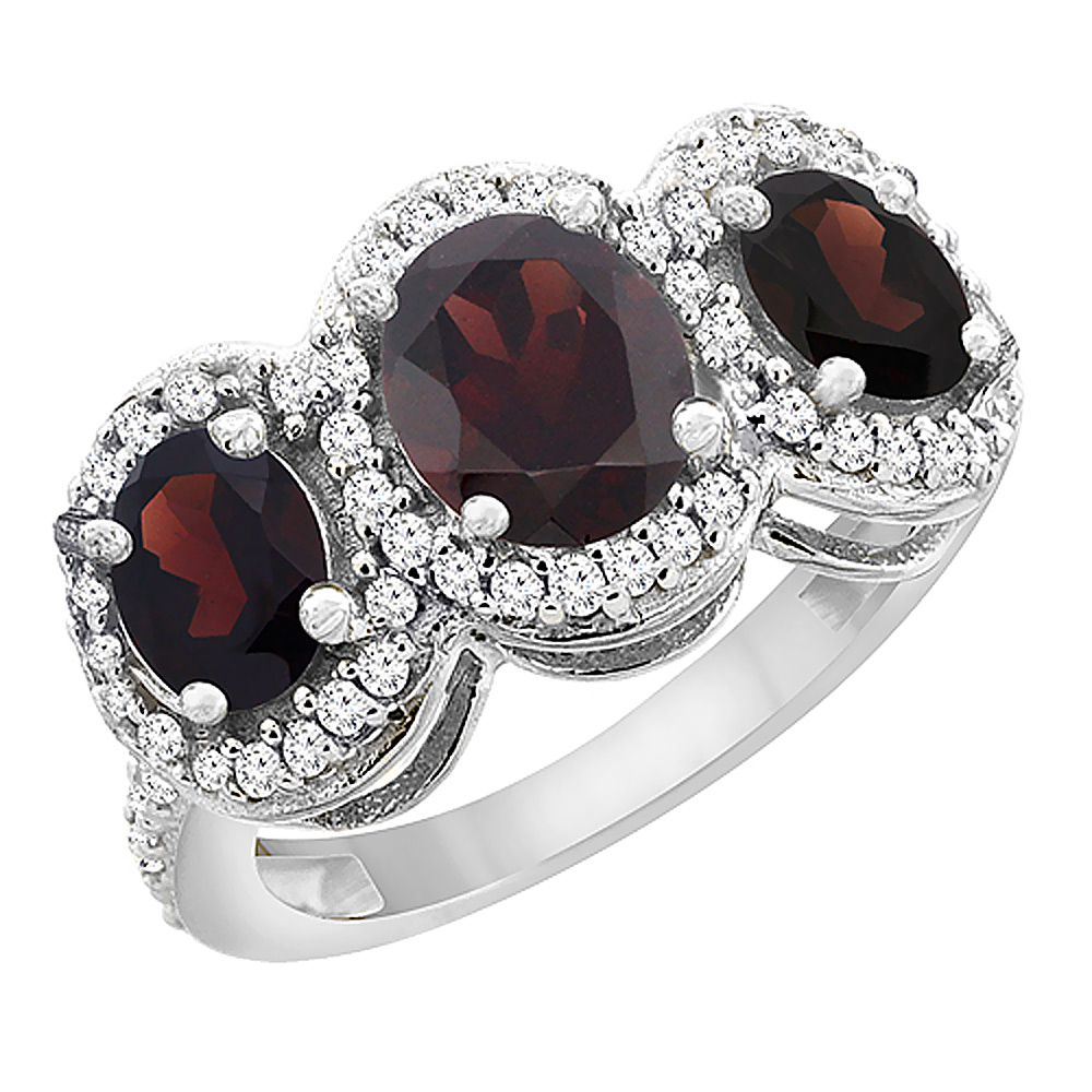 14K White Gold Natural Garnet 3-Stone Ring Oval Diamond Accent, sizes 5 - 10