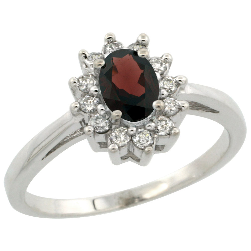 10K White Gold Natural Garnet Flower Diamond Halo Ring Oval 6x4 mm, sizes 5-10