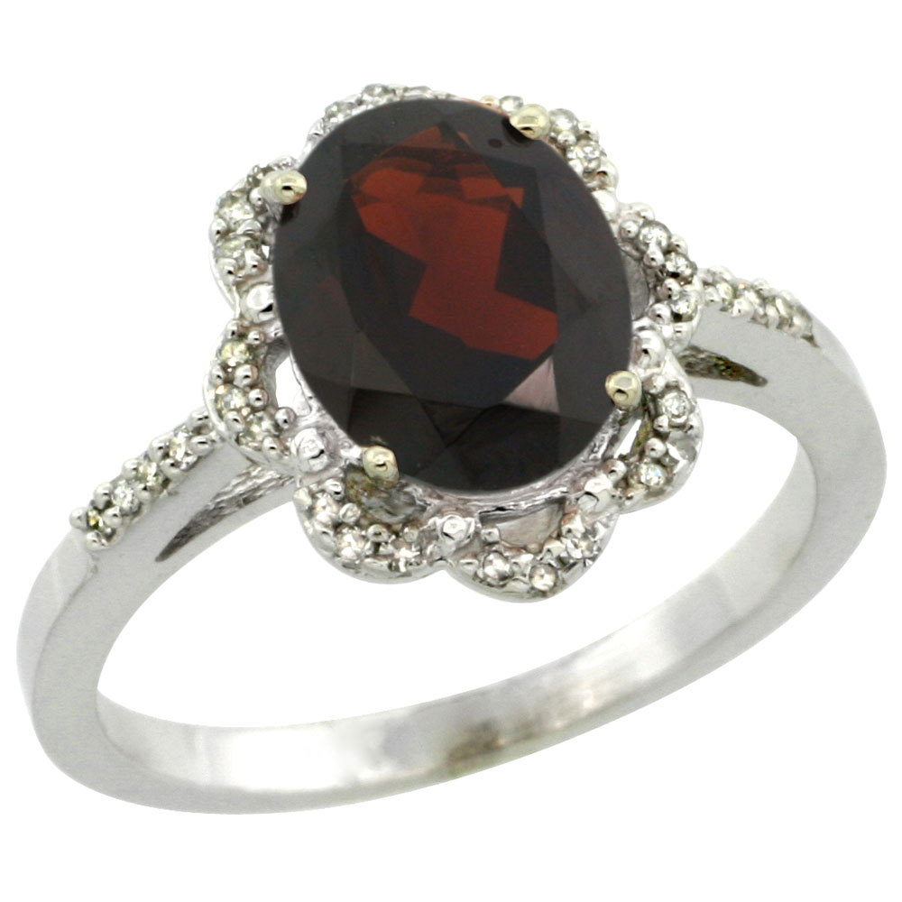 14K White Gold Diamond Halo Natural Garnet Engagement Ring Oval 9x7mm, sizes 5-10