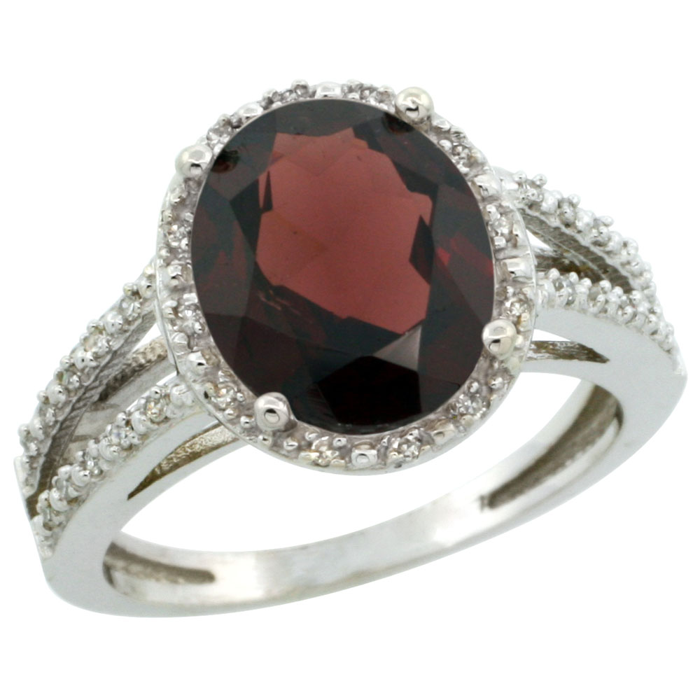 10K White Gold Diamond Natural Garnet Ring Oval 11x9mm, sizes 5-10