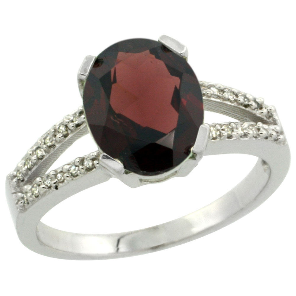 10K White Gold Diamond Natural Garnet Engagement Ring Oval 10x8mm, sizes 5-10