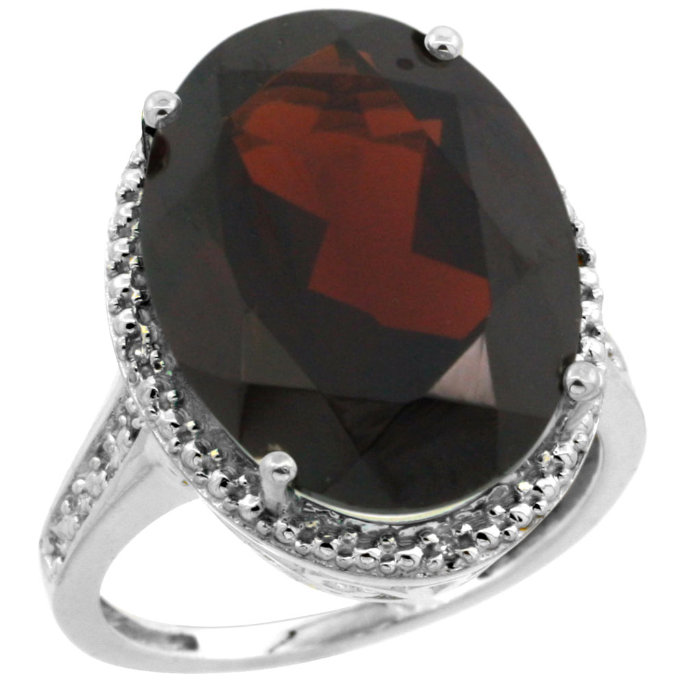 14K White Gold Diamond Natural Garnet Ring Oval 18x13mm, sizes 5-10