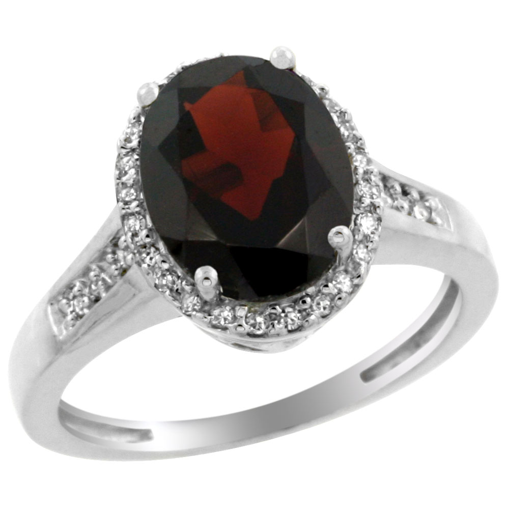 10K White Gold Diamond Natural Garnet Engagement Ring Oval 10x8mm, sizes 5-10