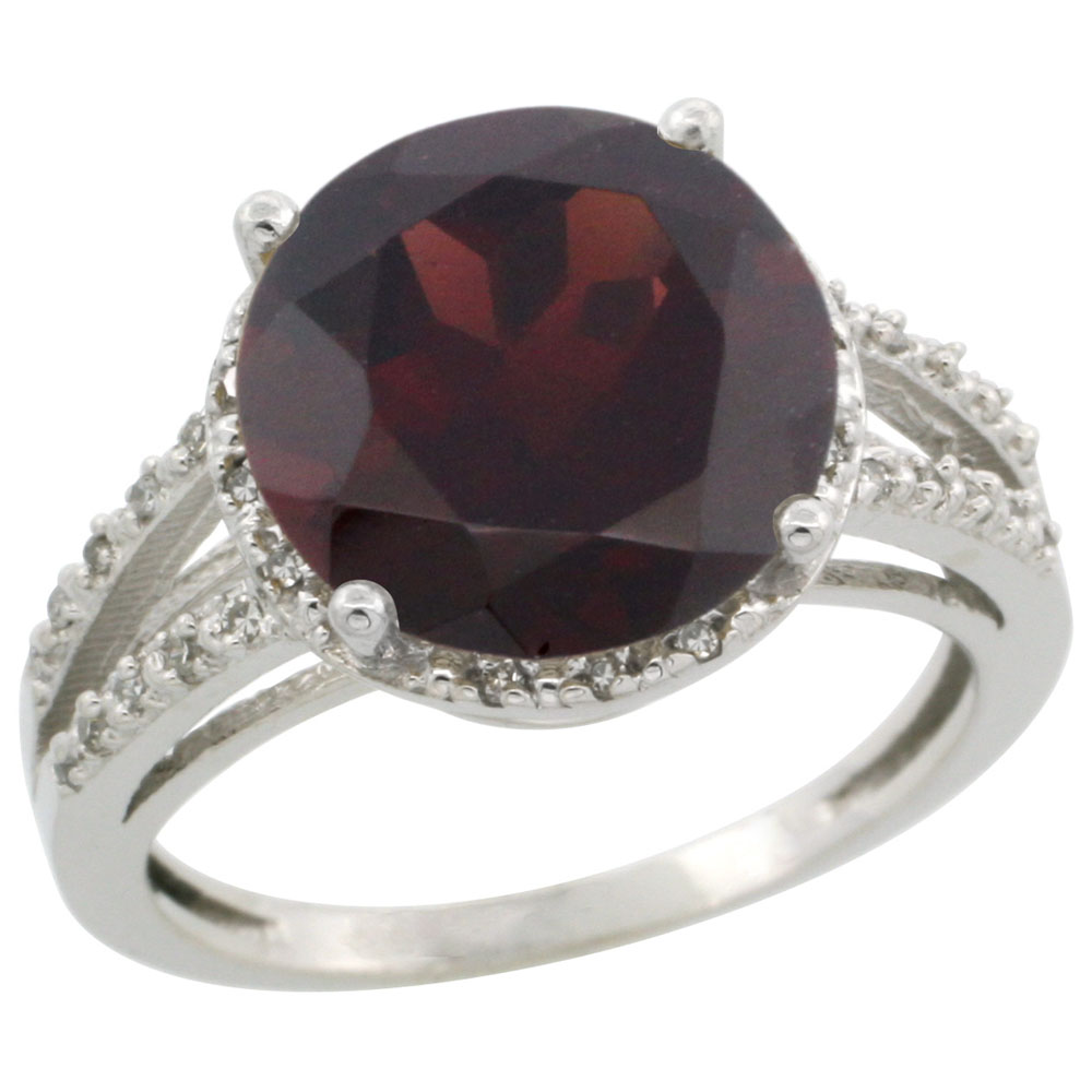 14K White Gold Diamond Natural Garnet Ring Round 11mm, sizes 5-10