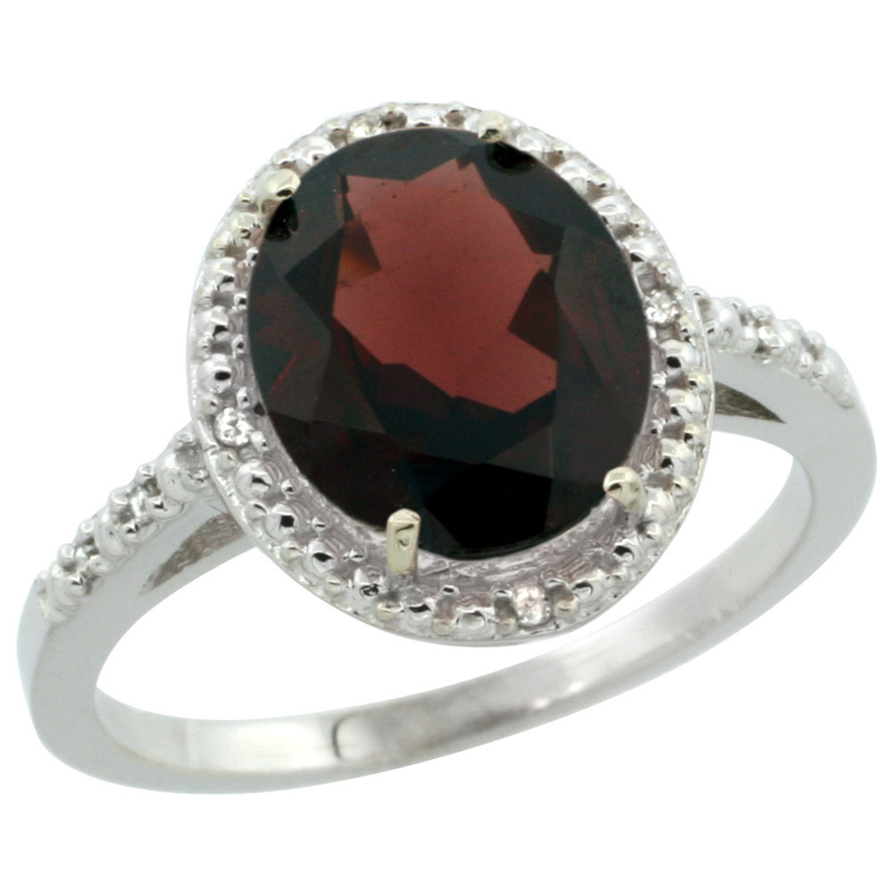 14K White Gold Diamond Natural Garnet Engagement Ring Oval 10x8mm, sizes 5-10