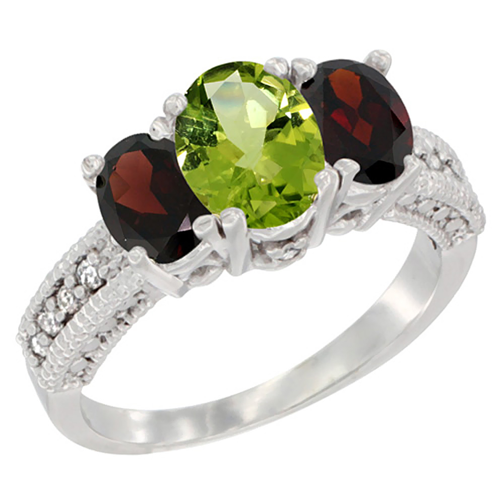 14K White Gold Diamond Natural Peridot Ring Oval 3-stone with Garnet, sizes 5 - 10