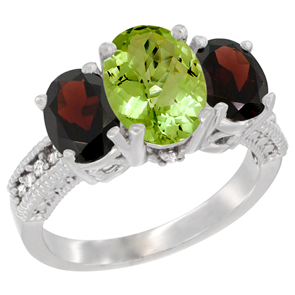 14K White Gold Diamond Natural Peridot Ring 3-Stone Oval 8x6mm with Garnet, sizes5-10