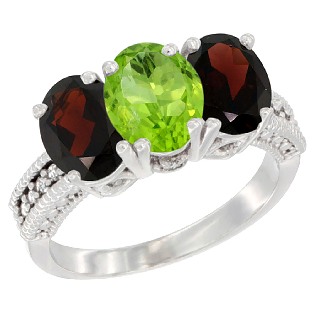 14K White Gold Natural Peridot &amp; Garnet Sides Ring 3-Stone 7x5 mm Oval Diamond Accent, sizes 5 - 10