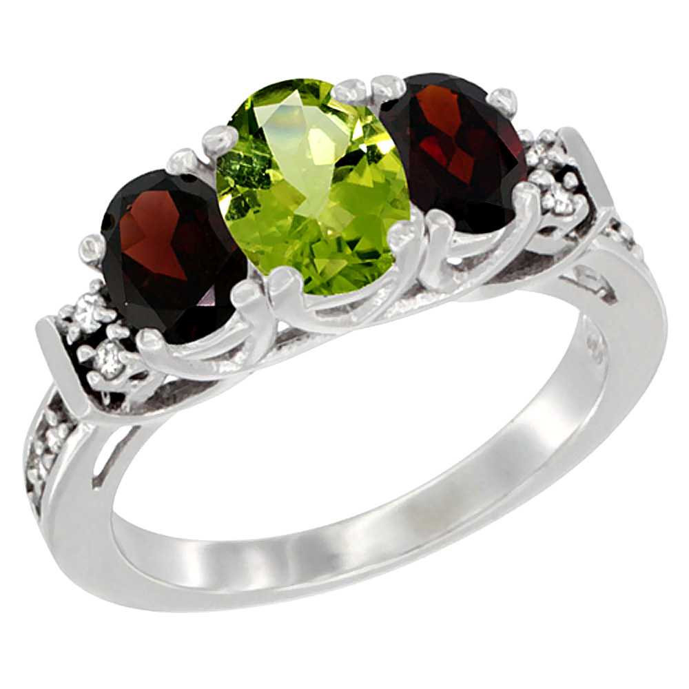 14K White Gold Natural Peridot & Garnet Ring 3-Stone Oval Diamond Accent, sizes 5-10