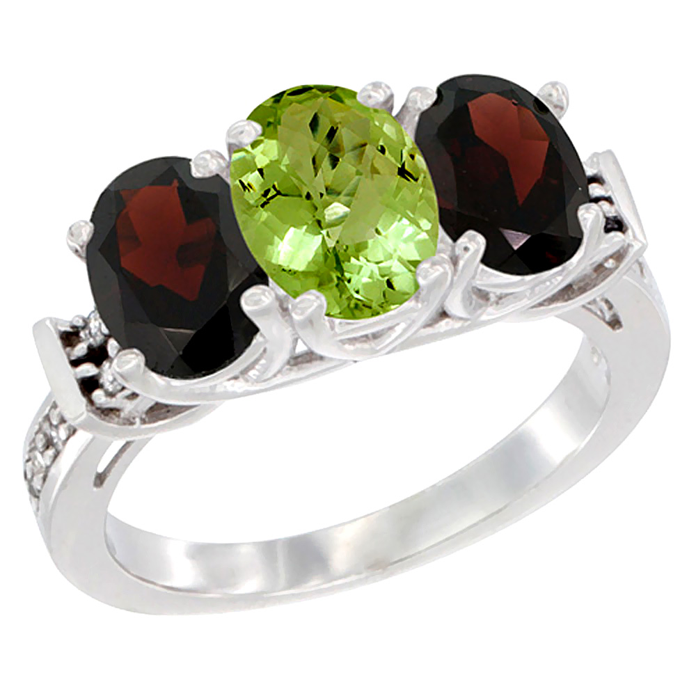 14K White Gold Natural Peridot & Garnet Sides Ring 3-Stone Oval Diamond Accent, sizes 5 - 10