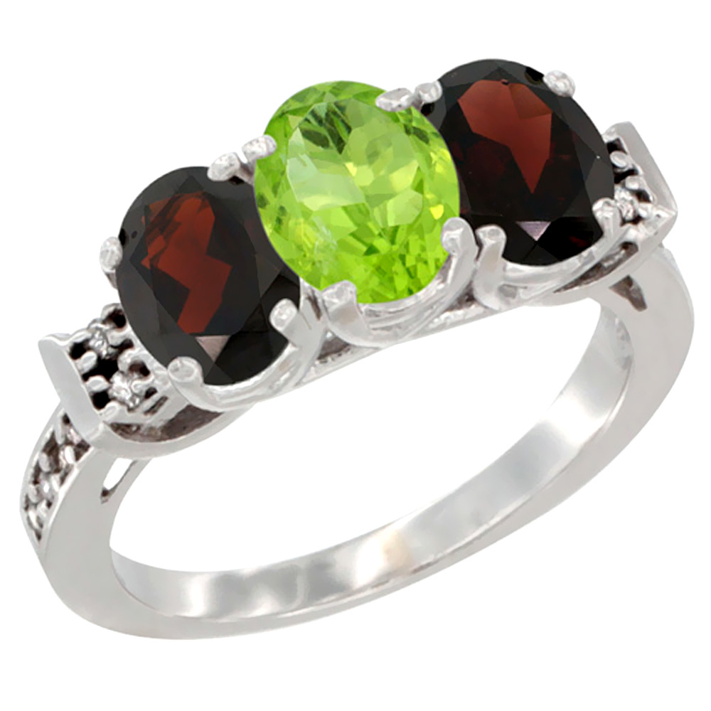 14K White Gold Natural Peridot & Garnet Sides Ring 3-Stone 7x5 mm Oval Diamond Accent, sizes 5 - 10