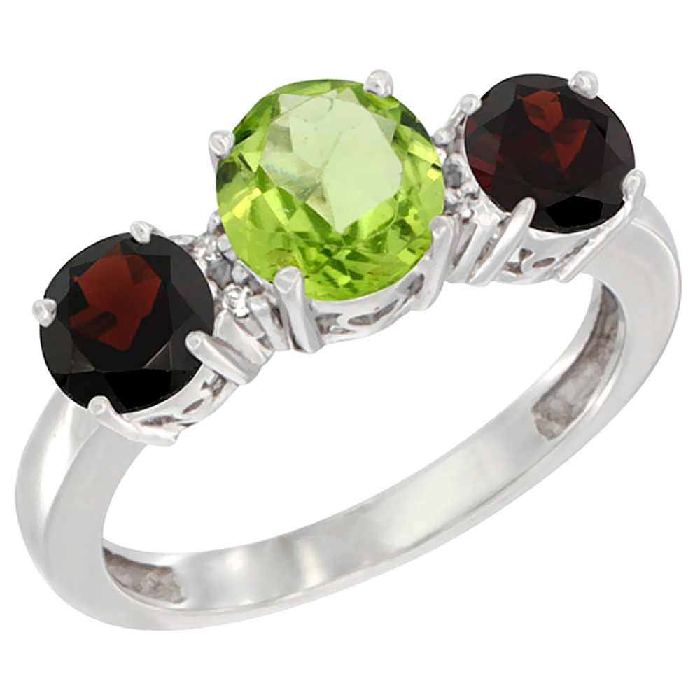 14K White Gold Round 3-Stone Natural Peridot Ring & Garnet Sides Diamond Accent, sizes 5 - 10