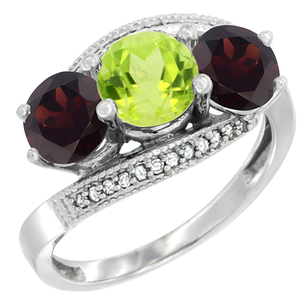 10K White Gold Natural Peridot & Garnet Sides 3 stone Ring Round 6mm Diamond Accent, sizes 5 - 10