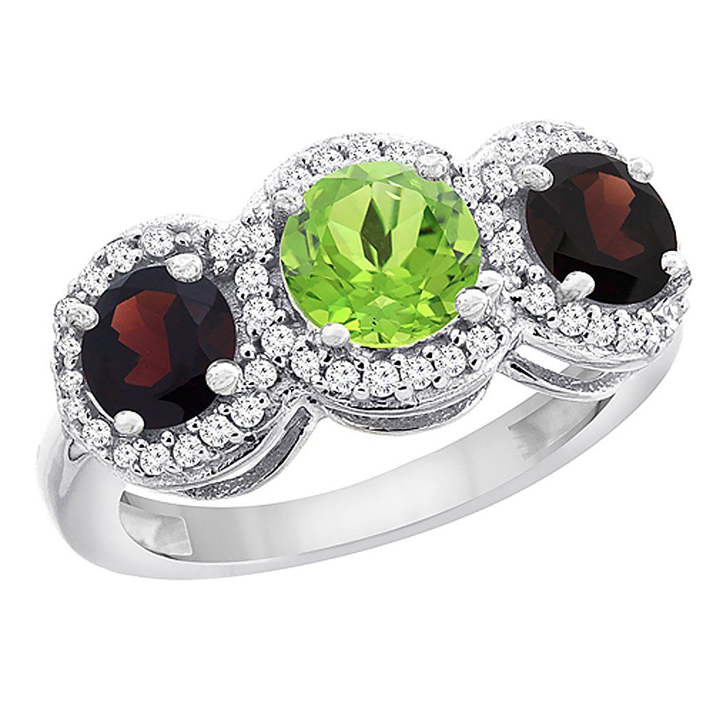 14K White Gold Natural Peridot & Garnet Sides Round 3-stone Ring Diamond Accents, sizes 5 - 10