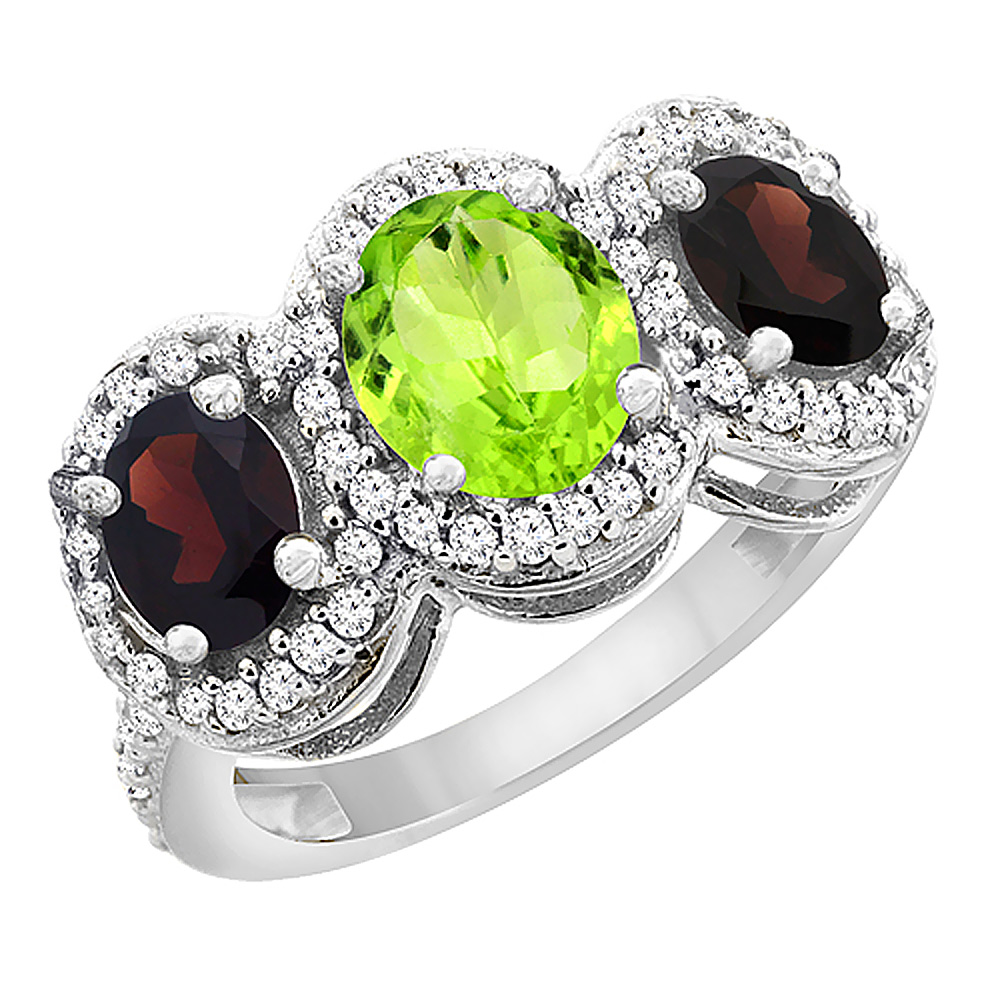 10K White Gold Natural Peridot & Garnet 3-Stone Ring Oval Diamond Accent, sizes 5 - 10