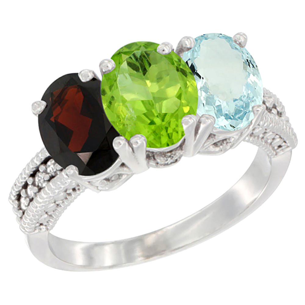 14K White Gold Natural Garnet, Peridot & Aquamarine Ring 3-Stone 7x5 mm Oval Diamond Accent, sizes 5 - 10