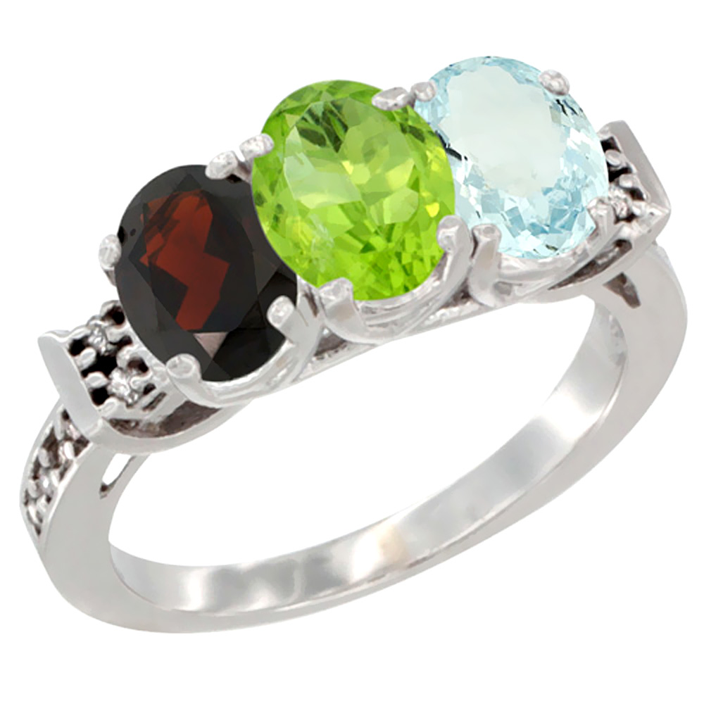 14K White Gold Natural Garnet, Peridot & Aquamarine Ring 3-Stone 7x5 mm Oval Diamond Accent, sizes 5 - 10