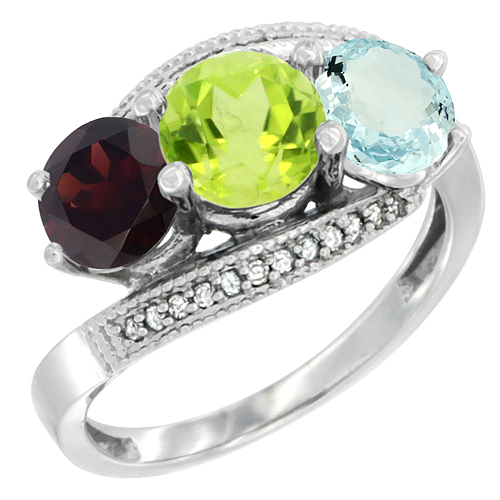 14K White Gold Natural Garnet, Peridot &amp; Aquamarine 3 stone Ring Round 6mm Diamond Accent, sizes 5 - 10