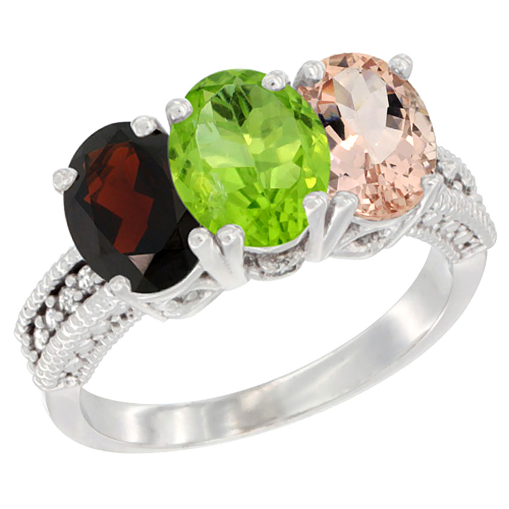 14K White Gold Natural Garnet, Peridot &amp; Morganite Ring 3-Stone 7x5 mm Oval Diamond Accent, sizes 5 - 10