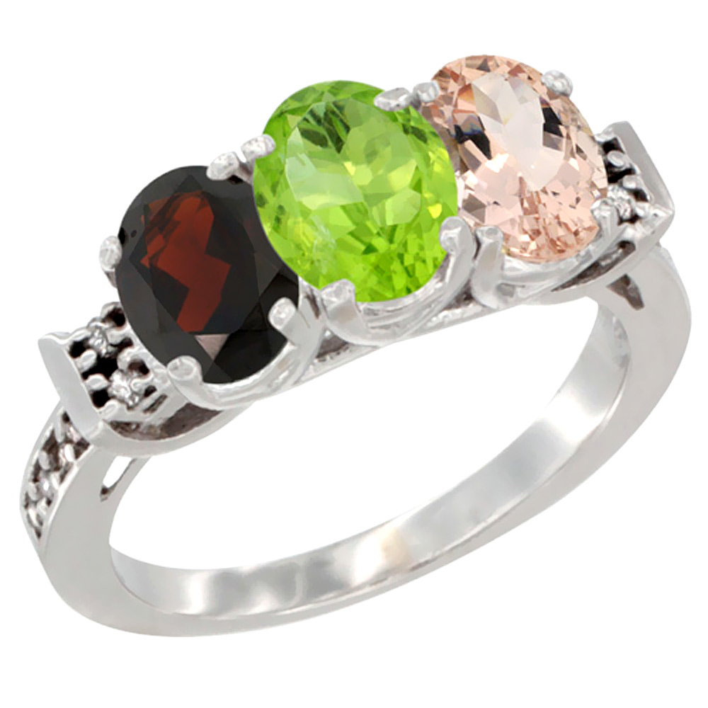 14K White Gold Natural Garnet, Peridot &amp; Morganite Ring 3-Stone 7x5 mm Oval Diamond Accent, sizes 5 - 10